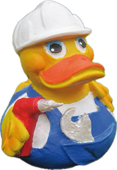 Hör mal wer da hämmert Quitscheente mit Latzhose und Bohrmaschine